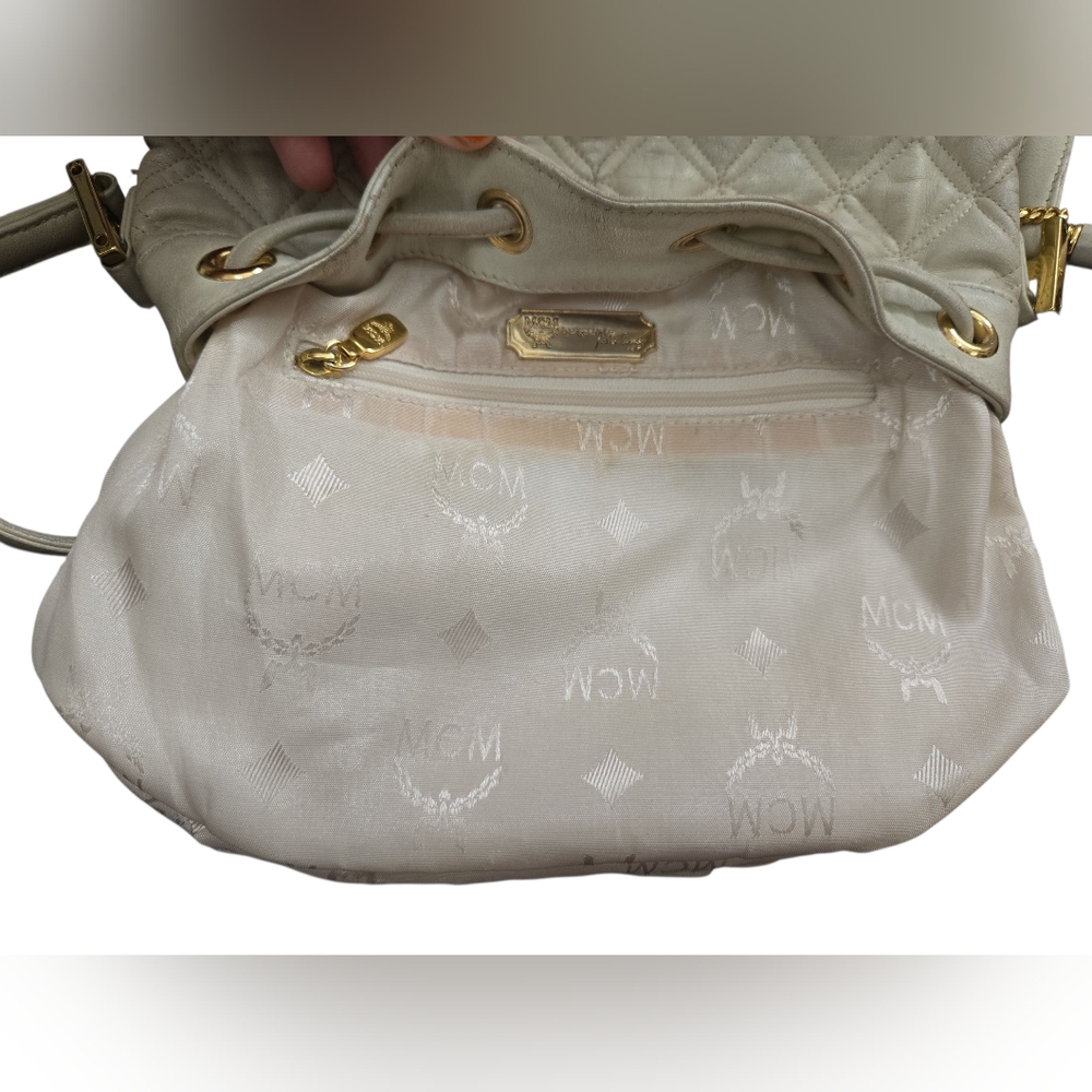 MCM Cream Quilted Crossbody Bucket Bag - Picture 8 of 13